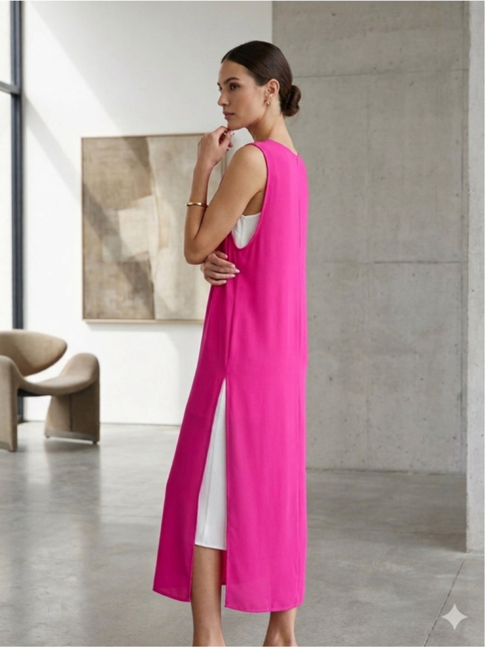 THE LIMITED Magenta Pink Layered Midi Dress White Illusion Slip Detail